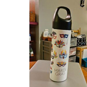 Mardi Gras Water Bottle with Loop Lid  Lid Twists Off White w/ Mardi Gras Masks